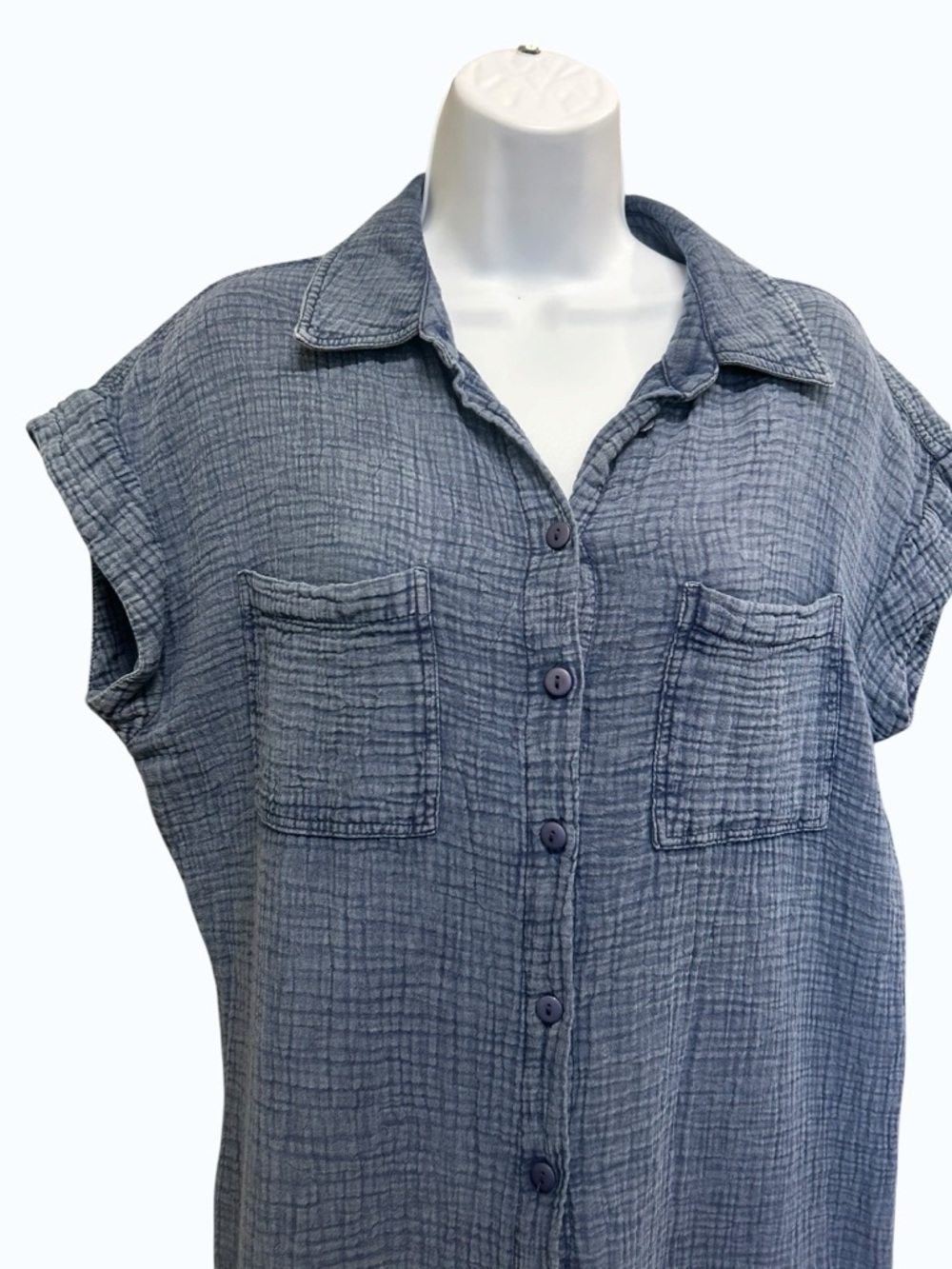 RD Style Cotton Gauze Midi Shirt Dress - Chambray Blue - Size XS - Picture 3 of 6